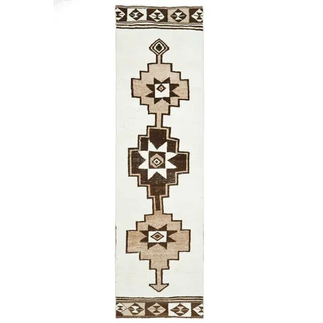 1970s Vintage Turkish Hand-Knotted Wool Cotton Beige Runner Rug 85x310