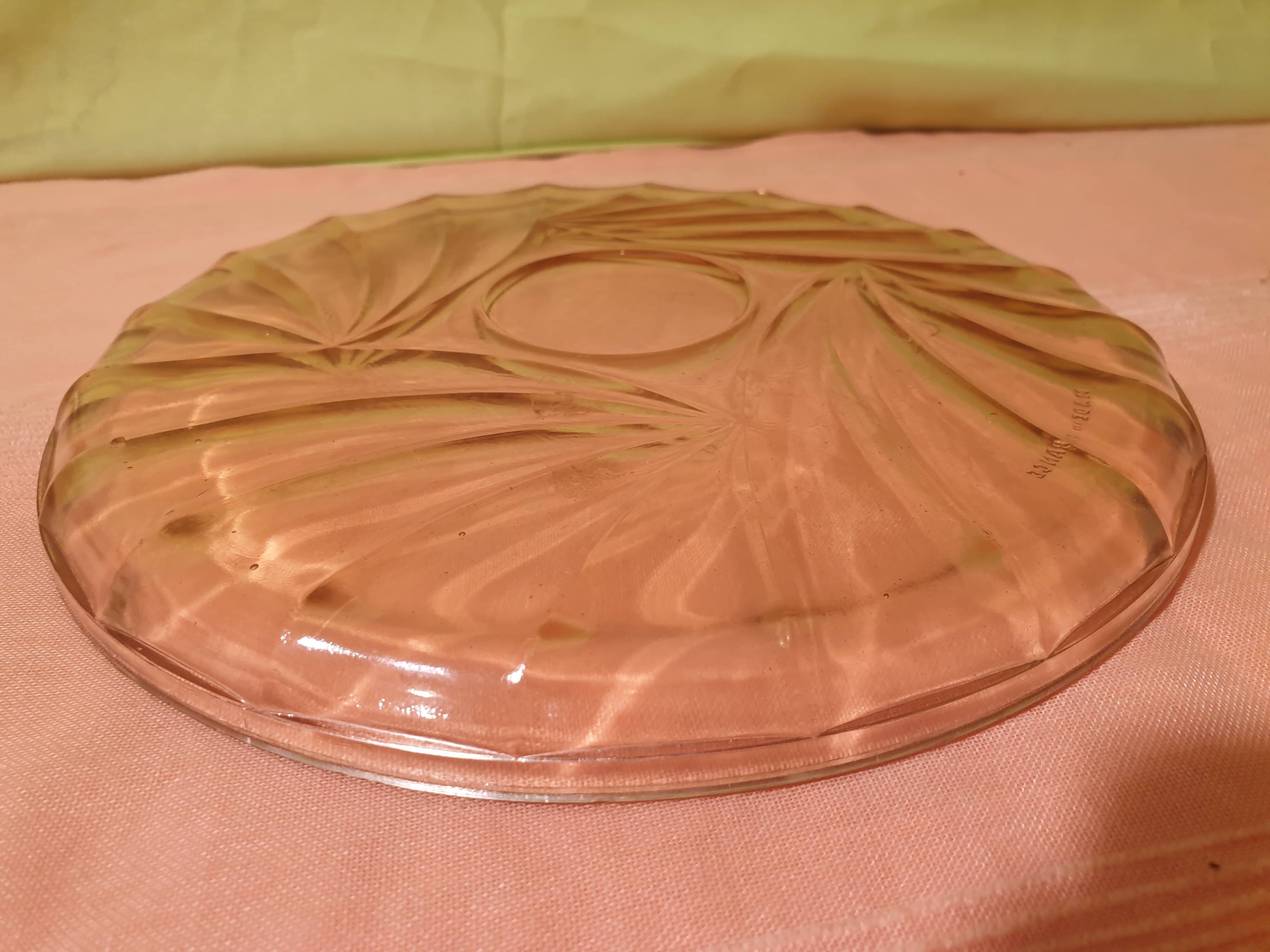 Art Deco pink glass tray and 7 glasses Made in France