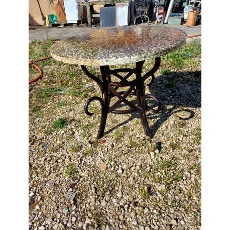 Vintage rattan table with reconstituted cement and stone top