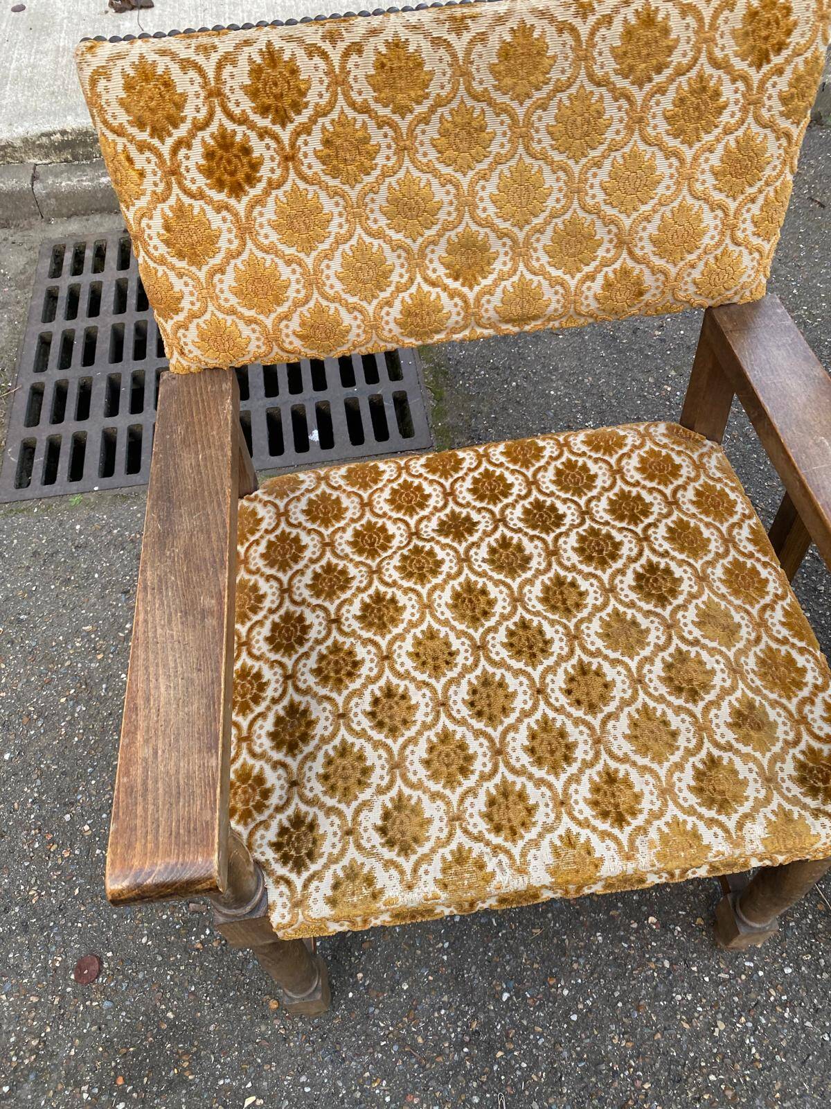 2 Henri II armchairs in solid wood and yellow-beige velvet.