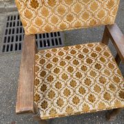 2 Henri II armchairs in solid wood and yellow-beige velvet.