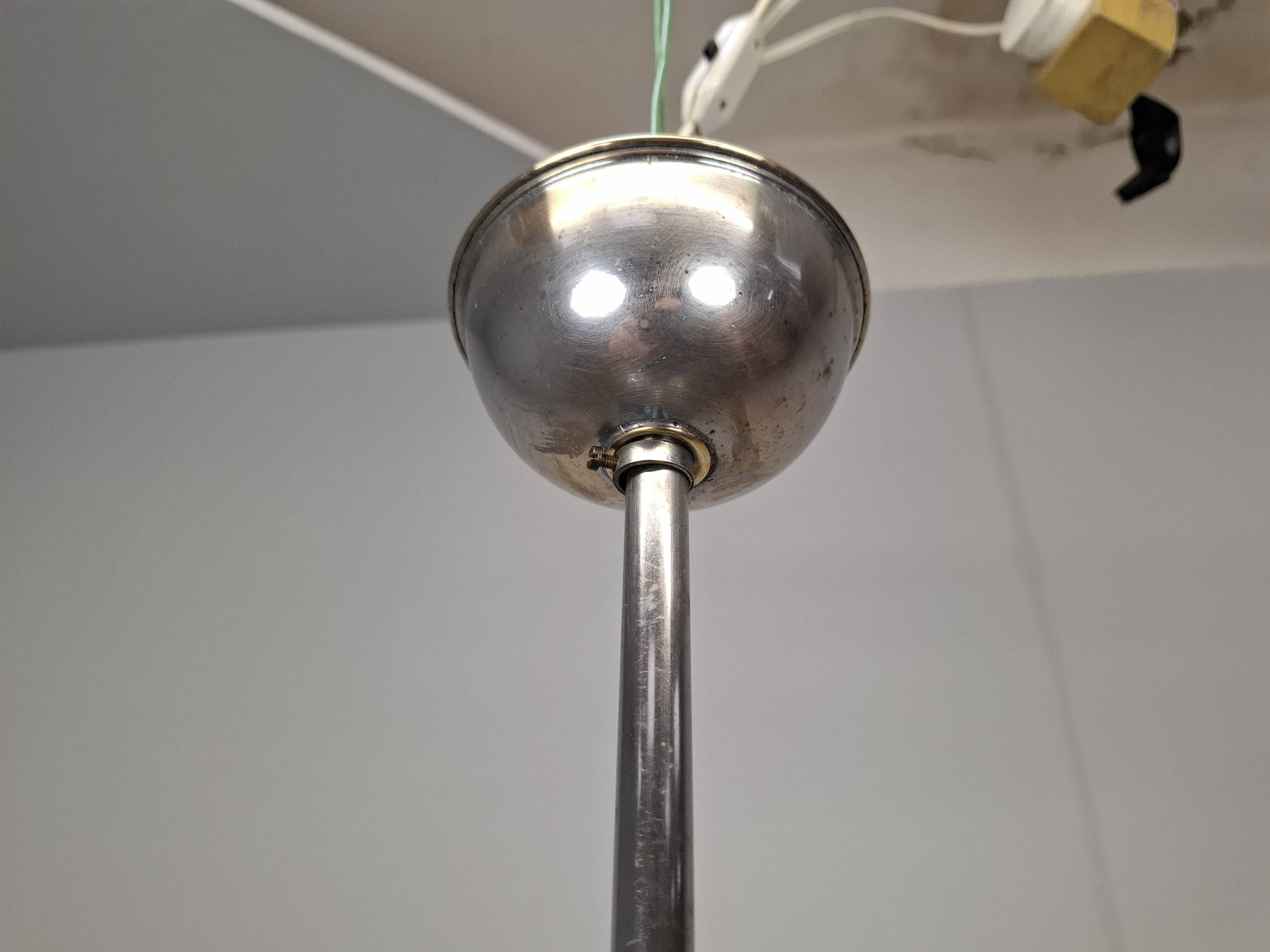 1930s Czech Art Deco Blue Opaline Glass and Chrome Four-Light Chandelier