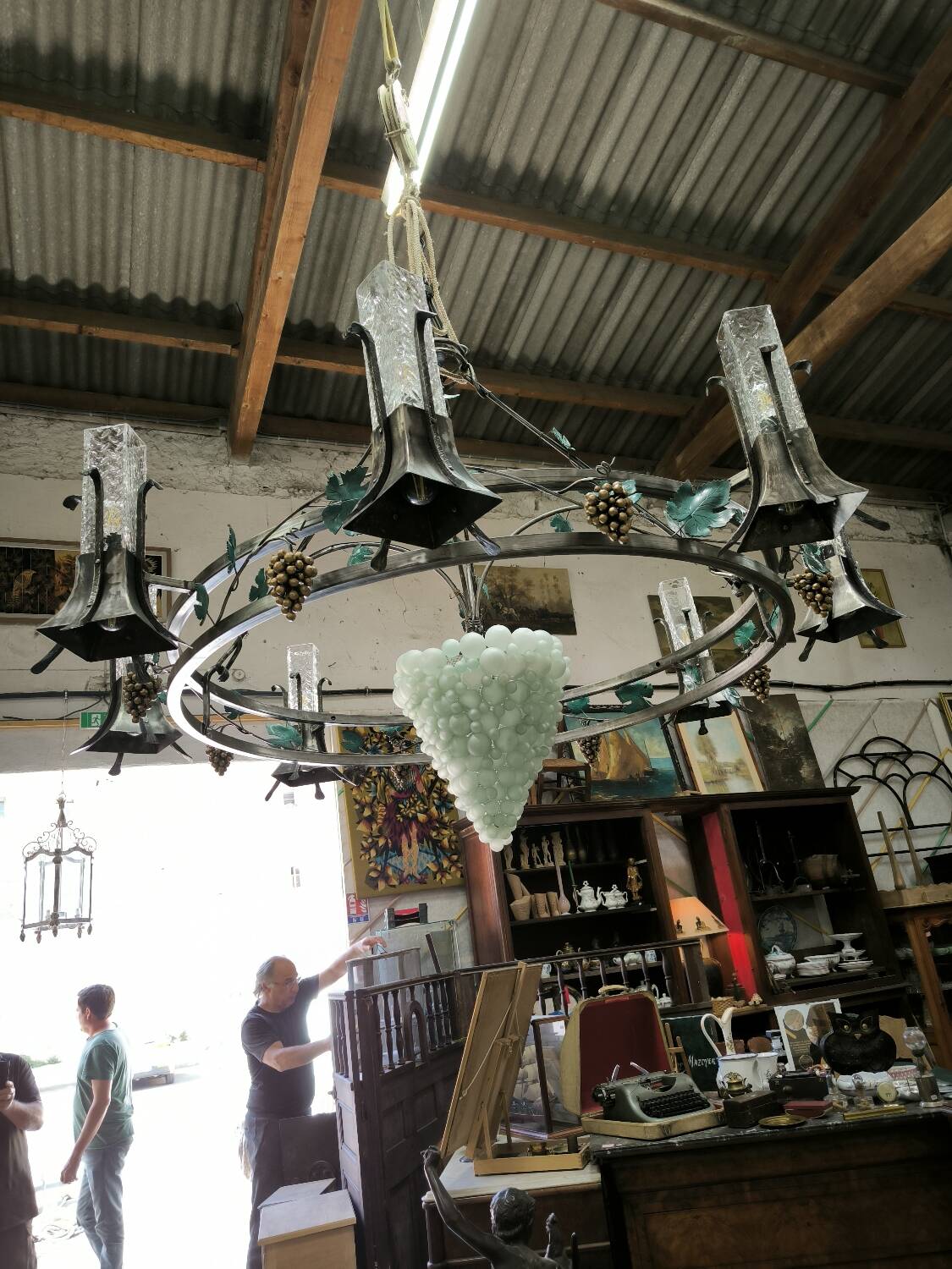 Large, heavy wrought iron and glass chandelier, circa 1980/90