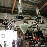 Large and large chandelier in wrought iron and glass circa 1980/90