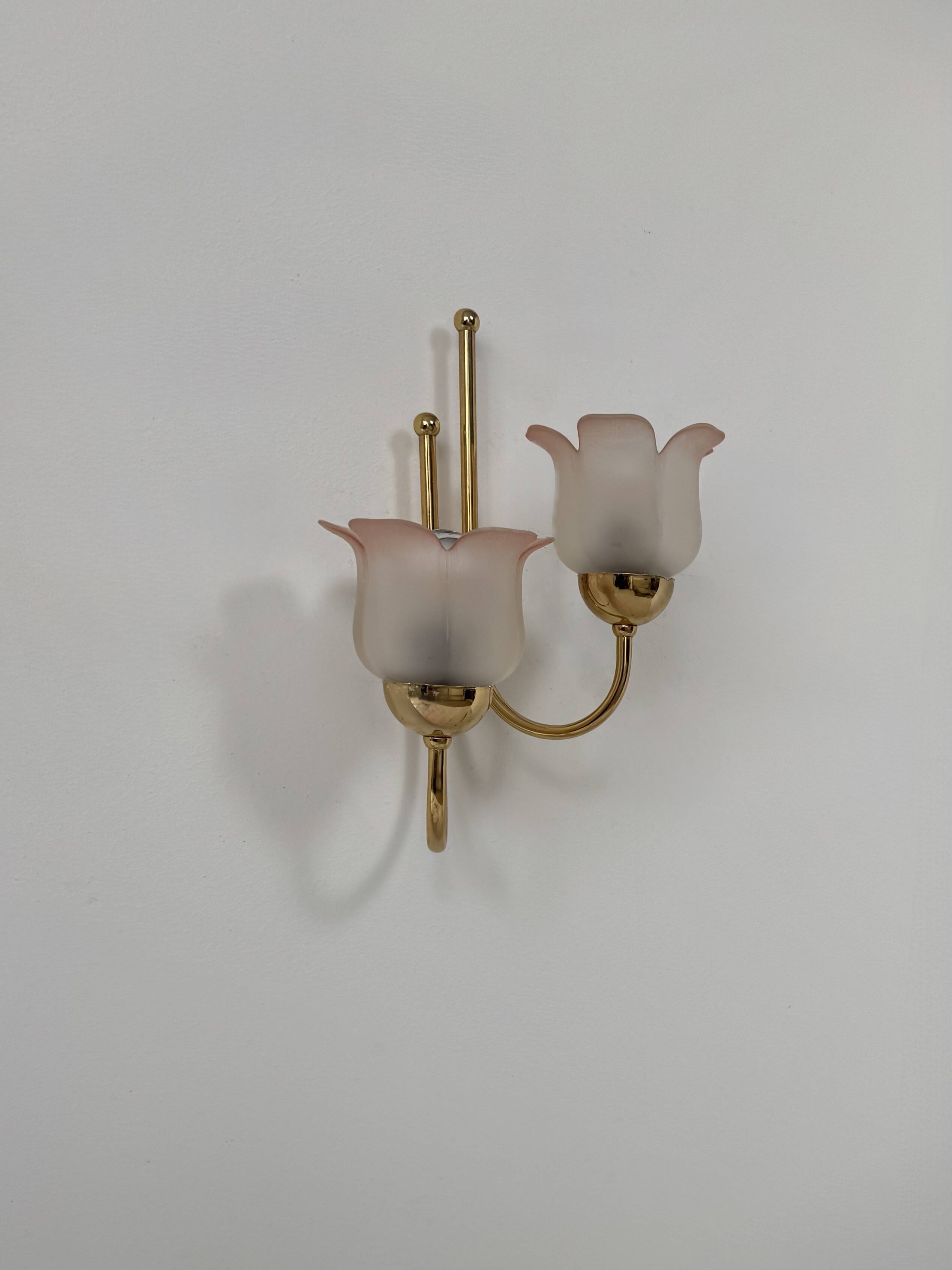 Vintage wall light, brass and frosted pink moulded glass, France, 1980.