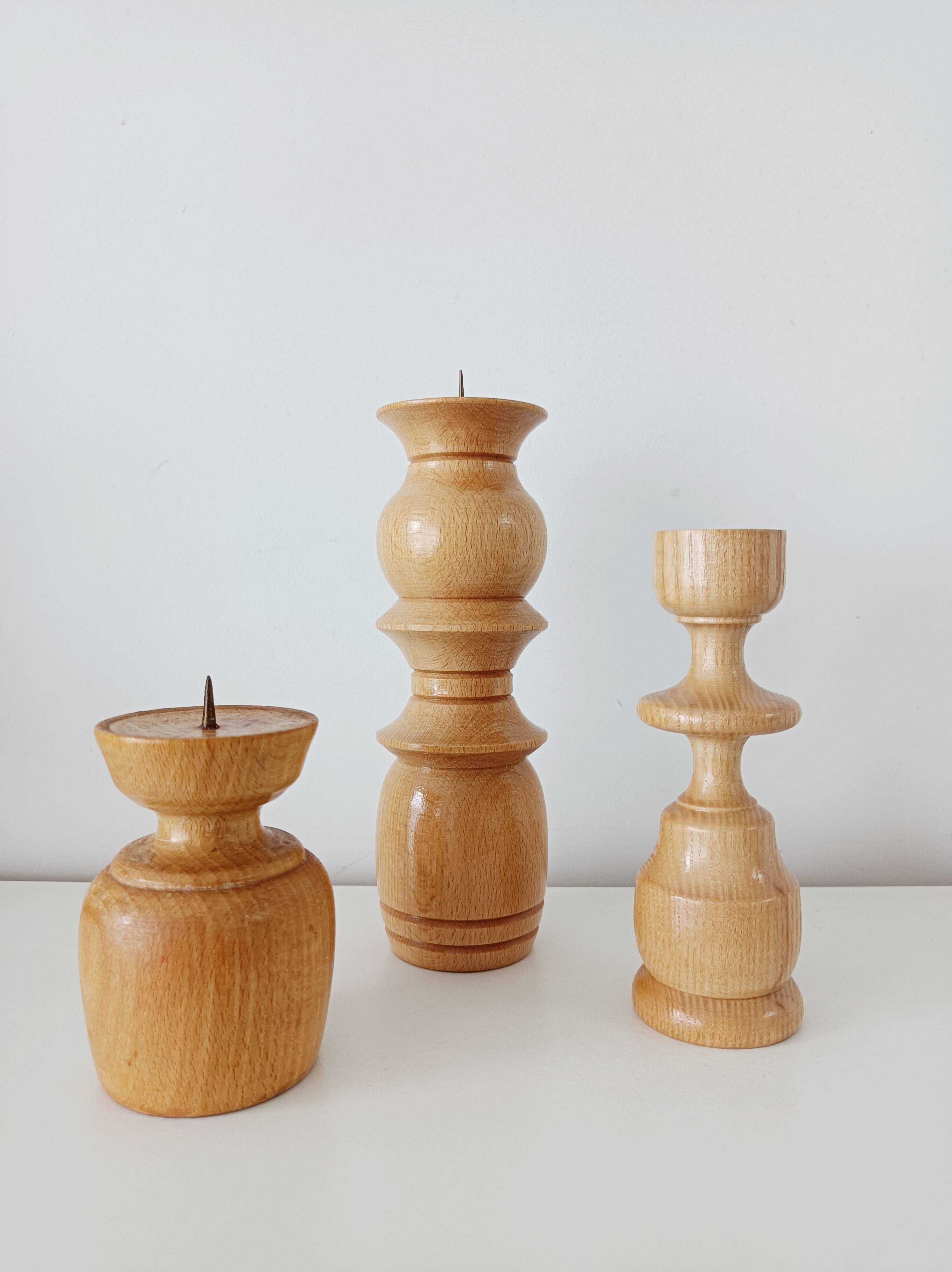 Set of 3 Scandinavian turned wooden candle holders