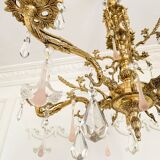 Lustre ancien en bronze à 5 bras avec verre de Murano rose et cristal