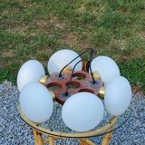 Scandinavian teak and white opaline chandelier with 6 lights from the 70s