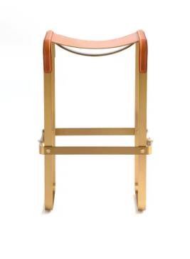Pair of backless bar stools, traveller style, in tobacco metal.