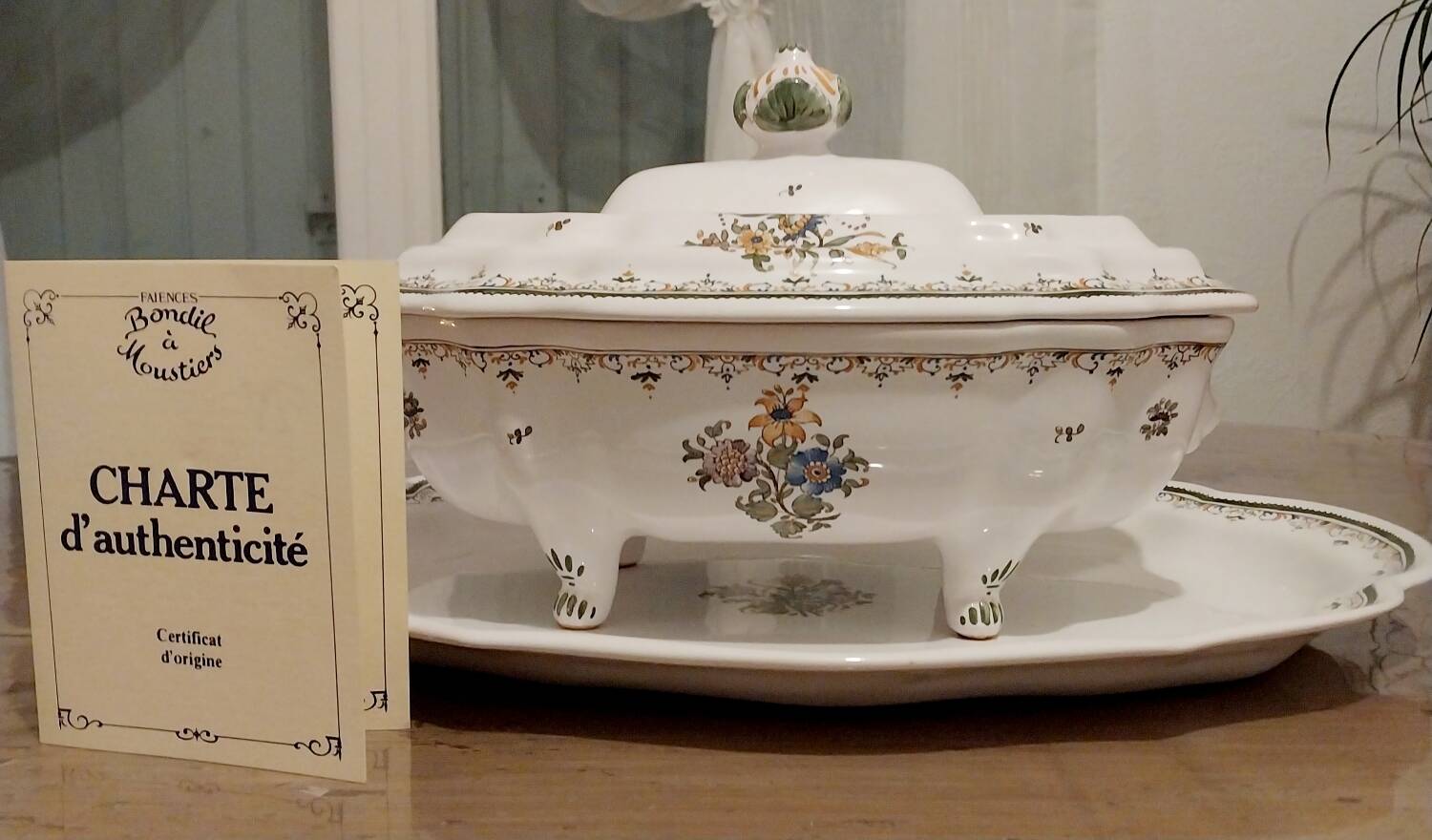 Tureen and platter signed Bondil in Moustiers, Provençal art earthenware