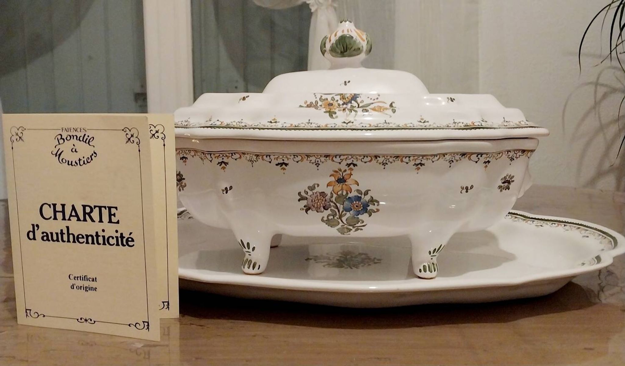 Soup tureen and dish signed Bondil from Moustiers, Provençal art pottery.