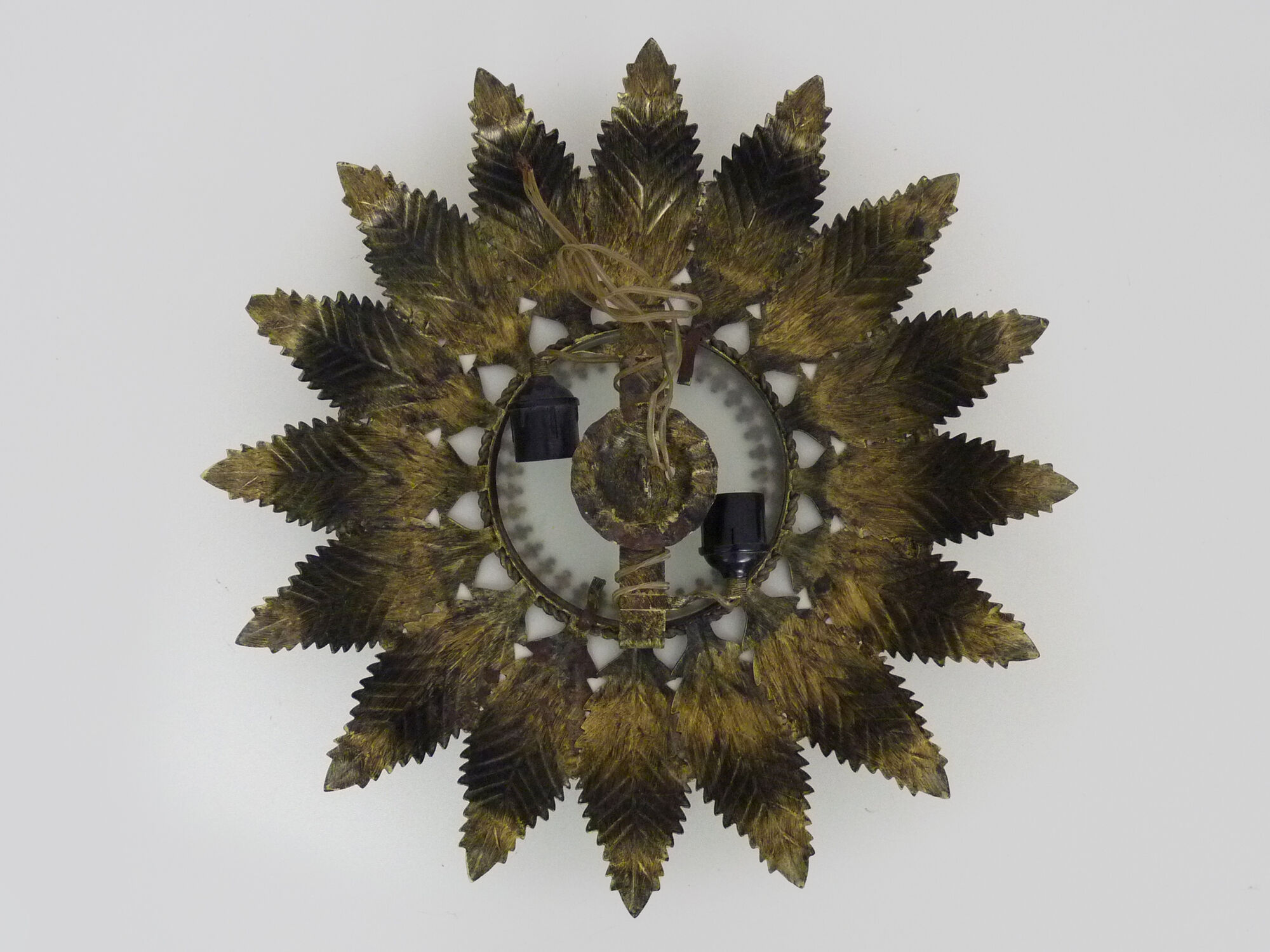 Sun ceiling lamp, double light gilded metal foliage, year 70