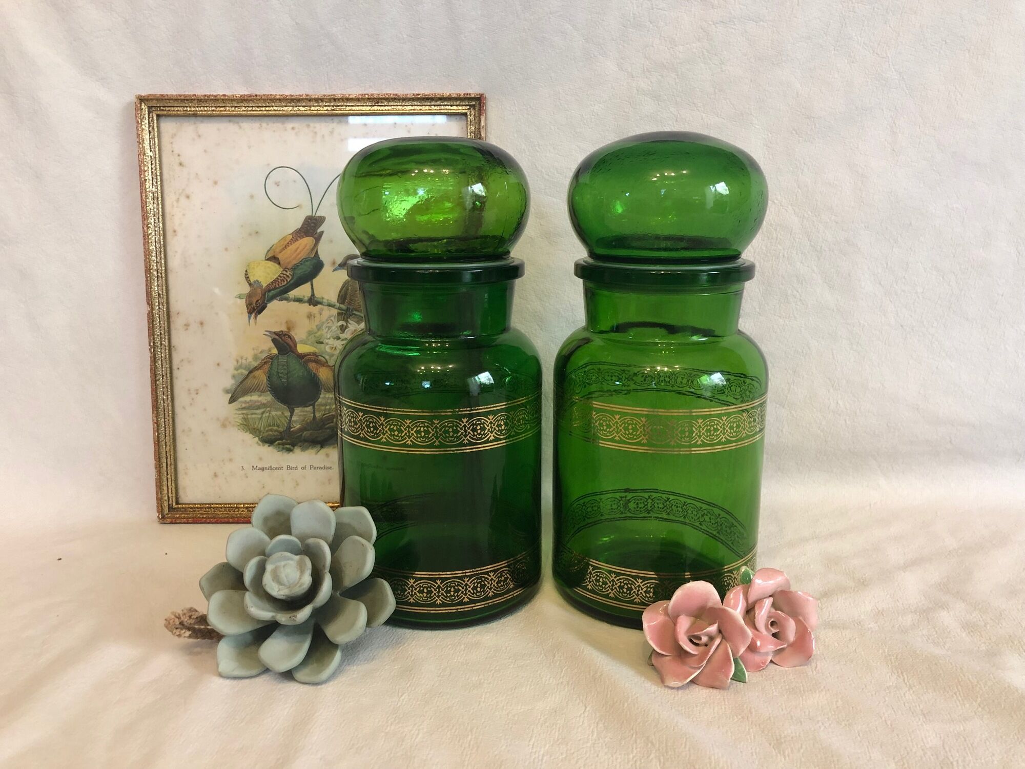 2 jars of green glass apothecary and 1970s gilding