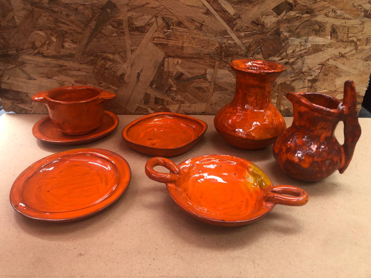 Old vallauris service 7 pieces empty pitchers pocket ceramic orange #a996