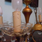 Suspension 5 feux, métal doré, coupelles en verre agrémentées de pampilles en verre
