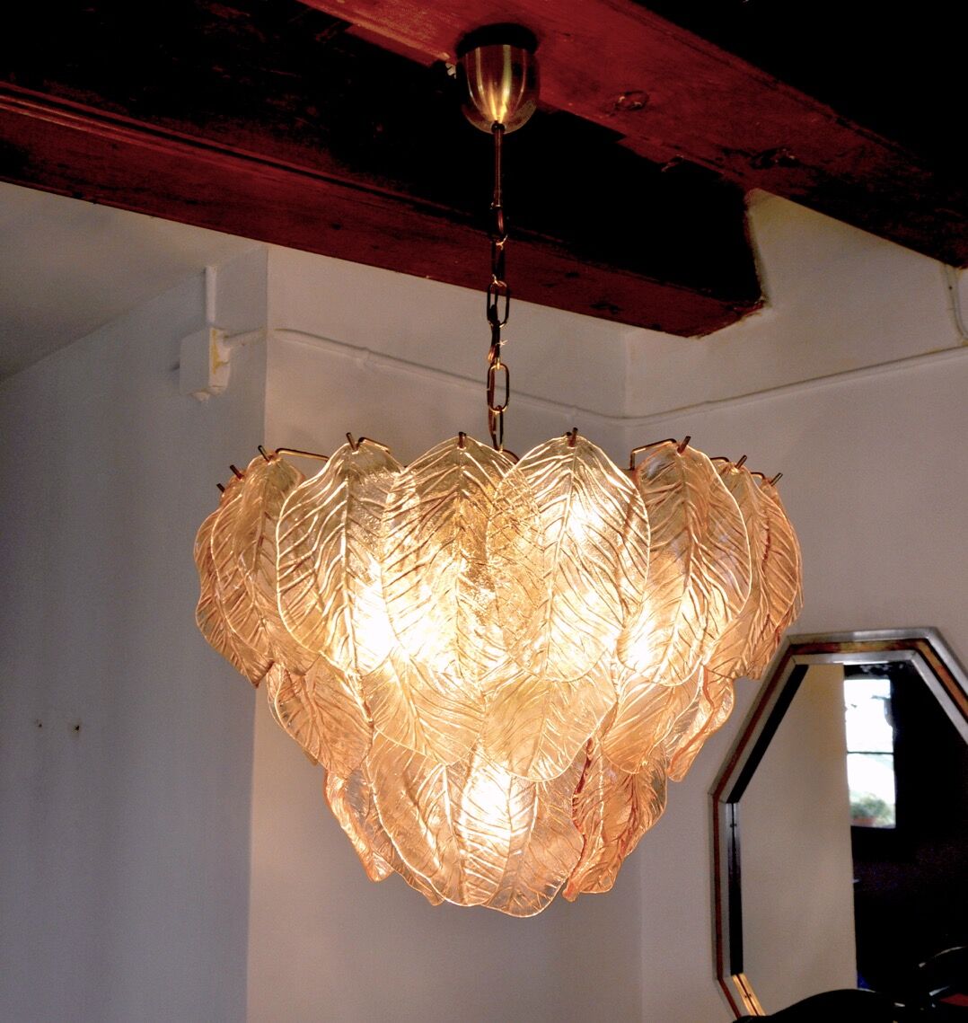 Chandelier "Leaves" murano mazzega, pink glass, italy, 1960