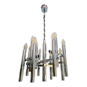 Chromed metal chandelier, Sciolari design, 70s