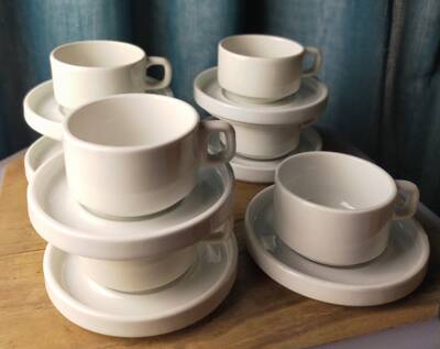 7 sarreguemines bistro cups and saucers - cnp - white porcelain