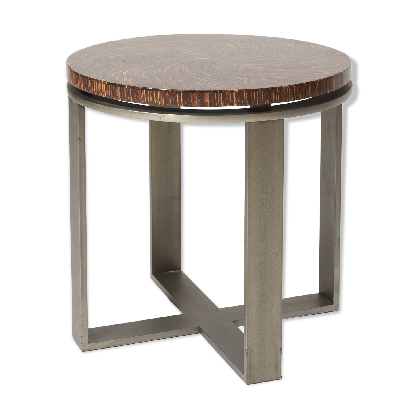 Art-deco style side table in palm wood and steel base