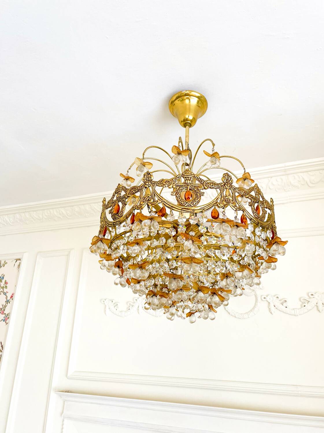 Lustre vintage exceptionnel en cristal style Murano orange, laiton, 5