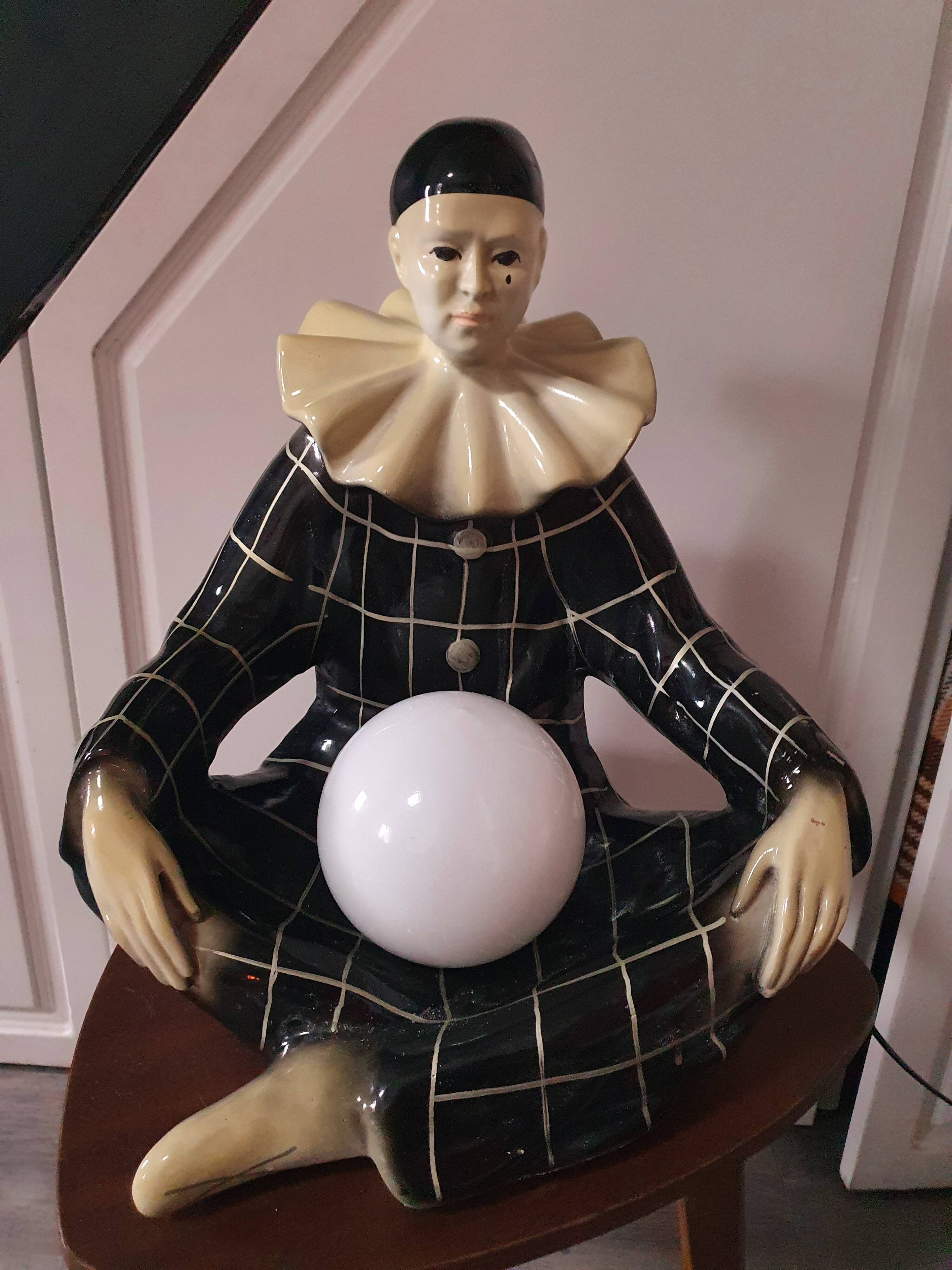 Large vintage Pierrot bedside lamp or table lamp from the 50s/60s 1950s with black tiles