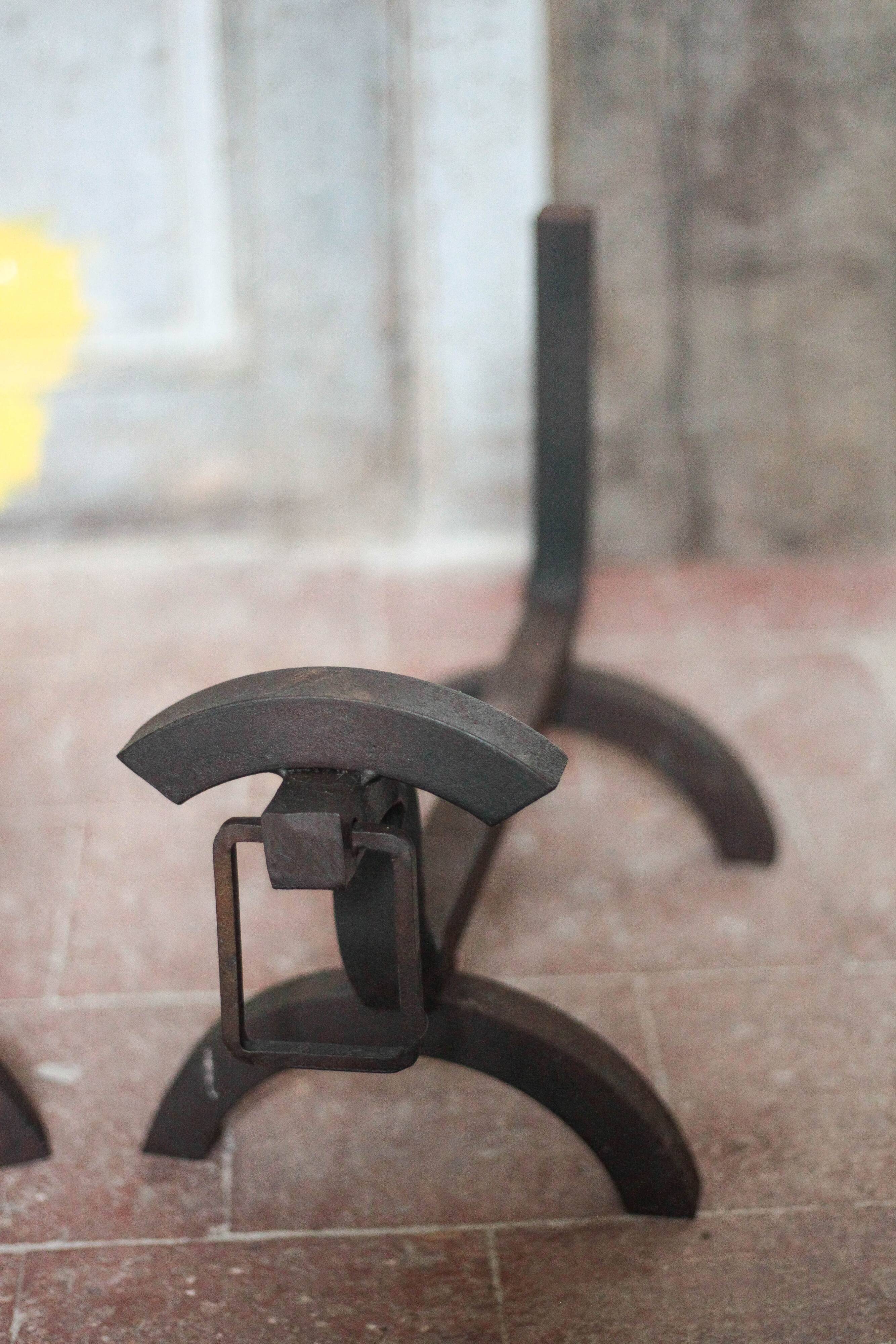 Vintage chenets, pair of brutalist dog-shaped chenets, fireplace accessory.