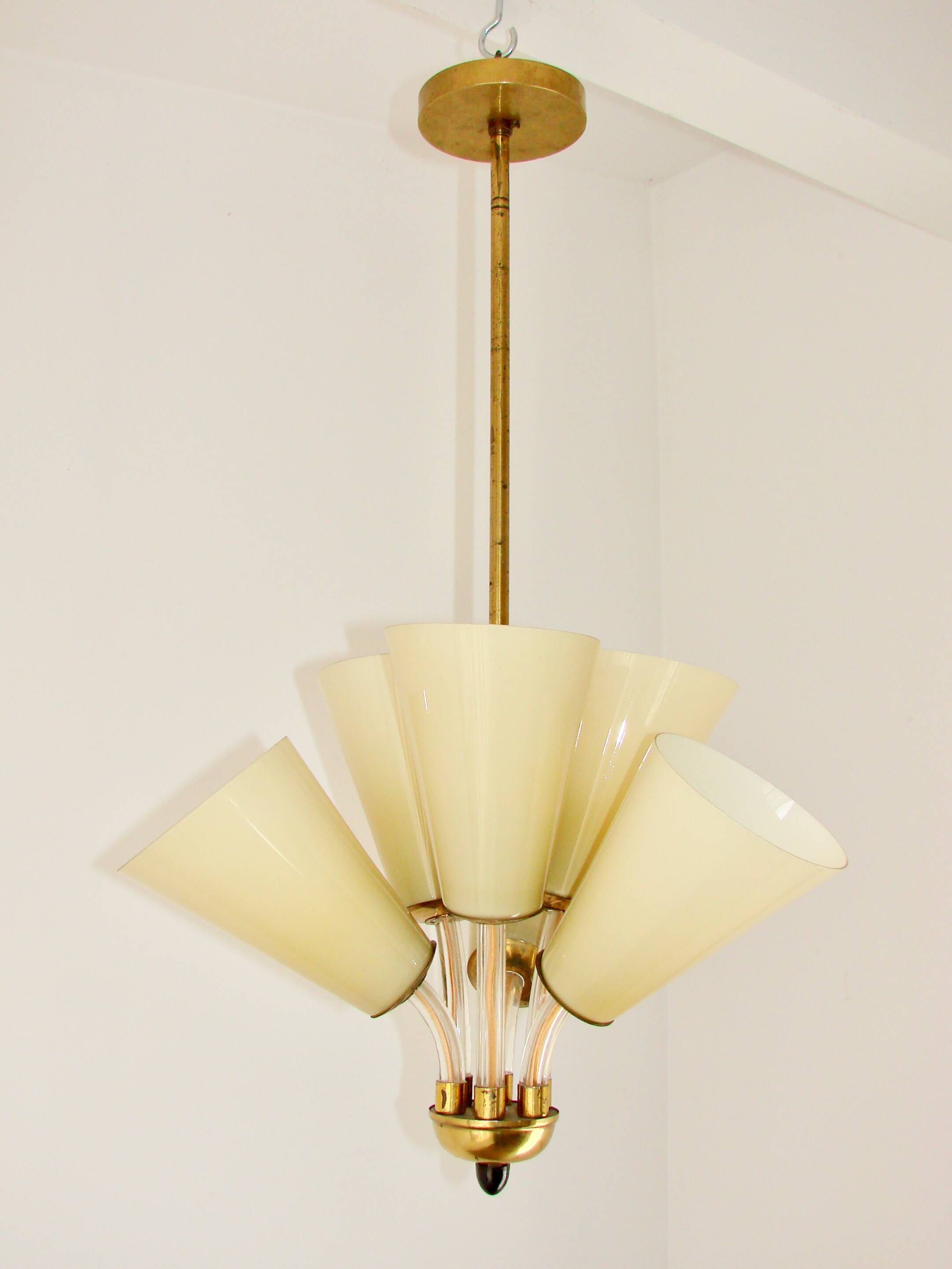 Chandelier Kamenický Šenov – Czechoslovakia, 1950s, brass and glass
