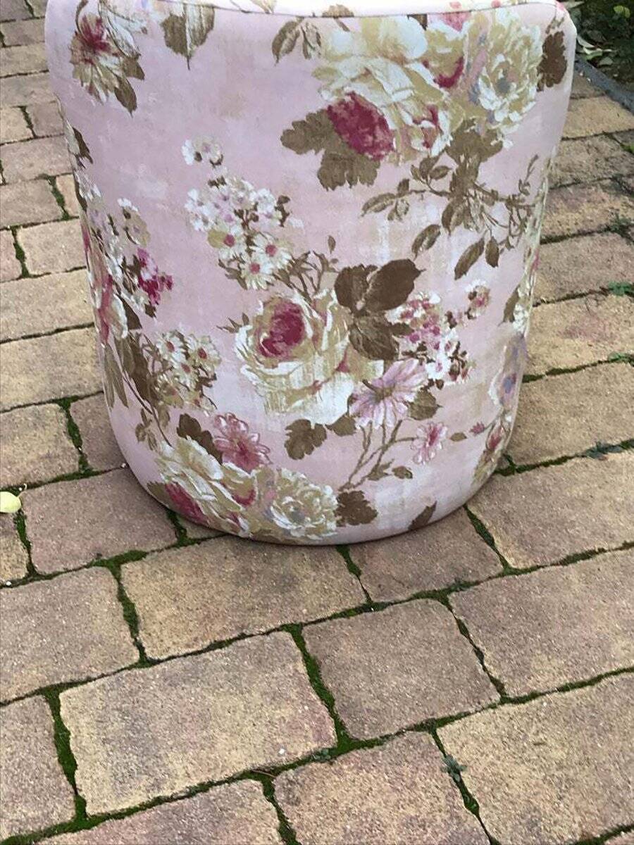 Mid-century 1970s frog chair in multicoloured floral fabric - plum seat.