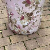 Mid-century 1970s frog chair in multicoloured floral fabric - plum seat.