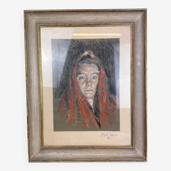 Tableau époque art déco vers 1930 figurant une femme au foulard pointe sèche et crayon
