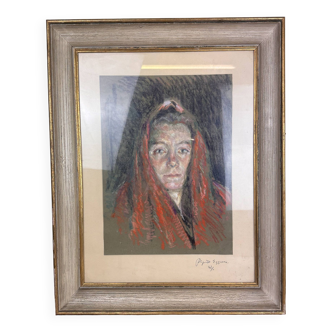 Art Deco period painting circa 1930 depicting a woman with a scarf Drypoint and pencil