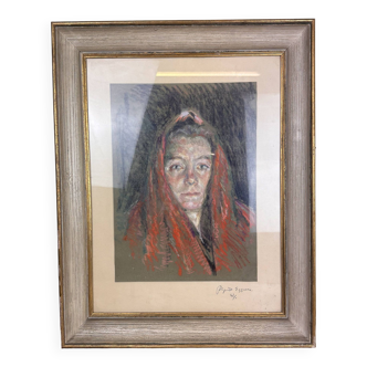 Tableau époque art déco vers 1930 figurant une femme au foulard pointe sèche et crayon