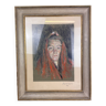 Tableau époque art déco vers 1930 figurant une femme au foulard pointe sèche et crayon