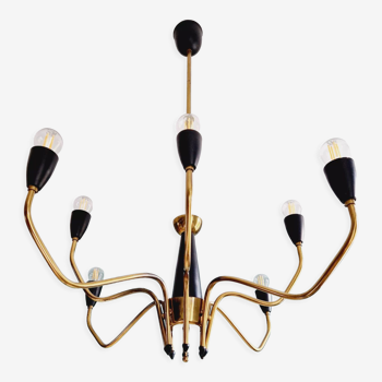 Spider chandelier in brass and black lacquered metal Italian design 1950s