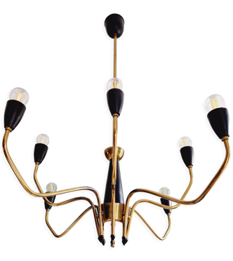 Lustre araignée en laiton et métal laqué noir design Italien années 1950