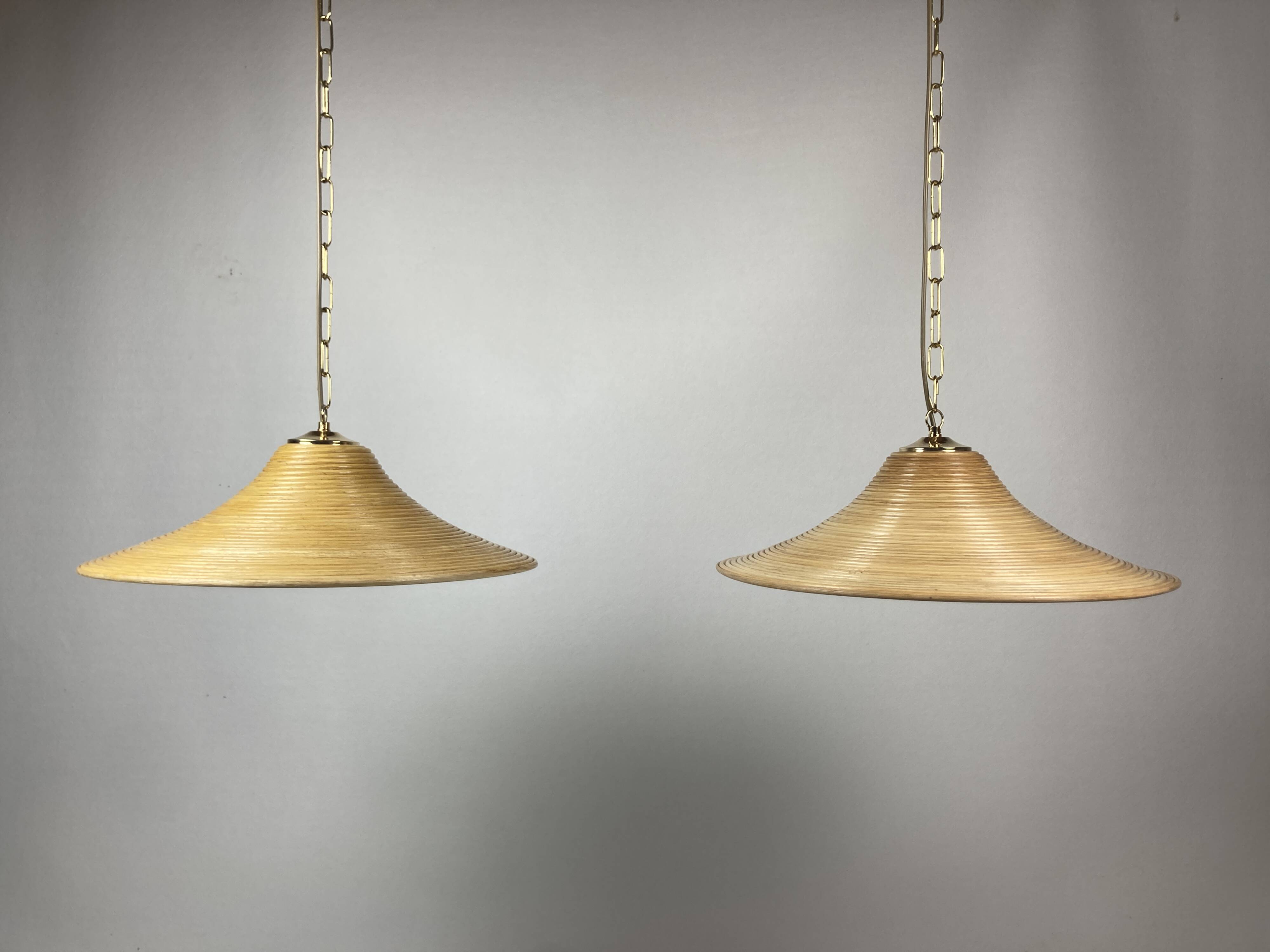 Pencil Reed Rattan Bamboo Hanging Pendant Lamps, Italy, 1970s, Set of 2
