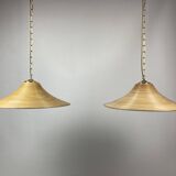 Pencil Reed Rattan Bamboo Hanging Pendant Lamps, Italy, 1970s, Set of 2