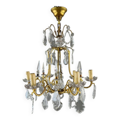 Lustre En Laiton Et Cristal, XXe Siècle