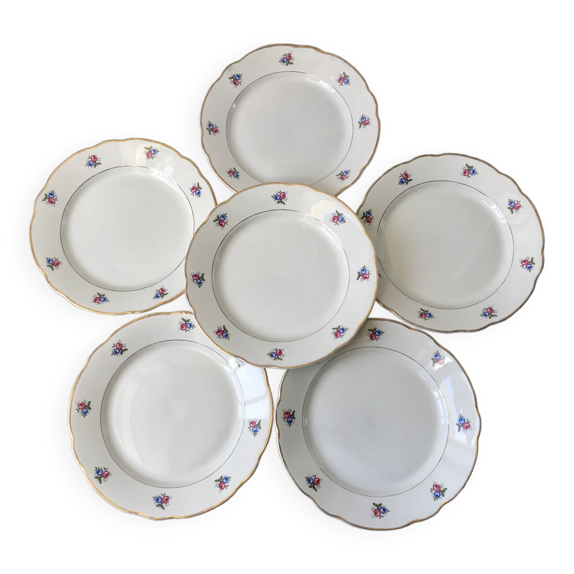 set of 6 flat plates Digoin Sarreguemines small flowers 50s