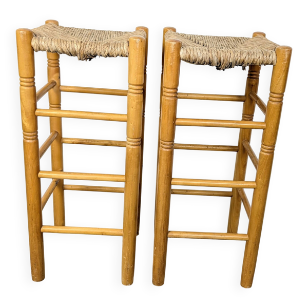 Paire de tabourets hauts en bois & paille