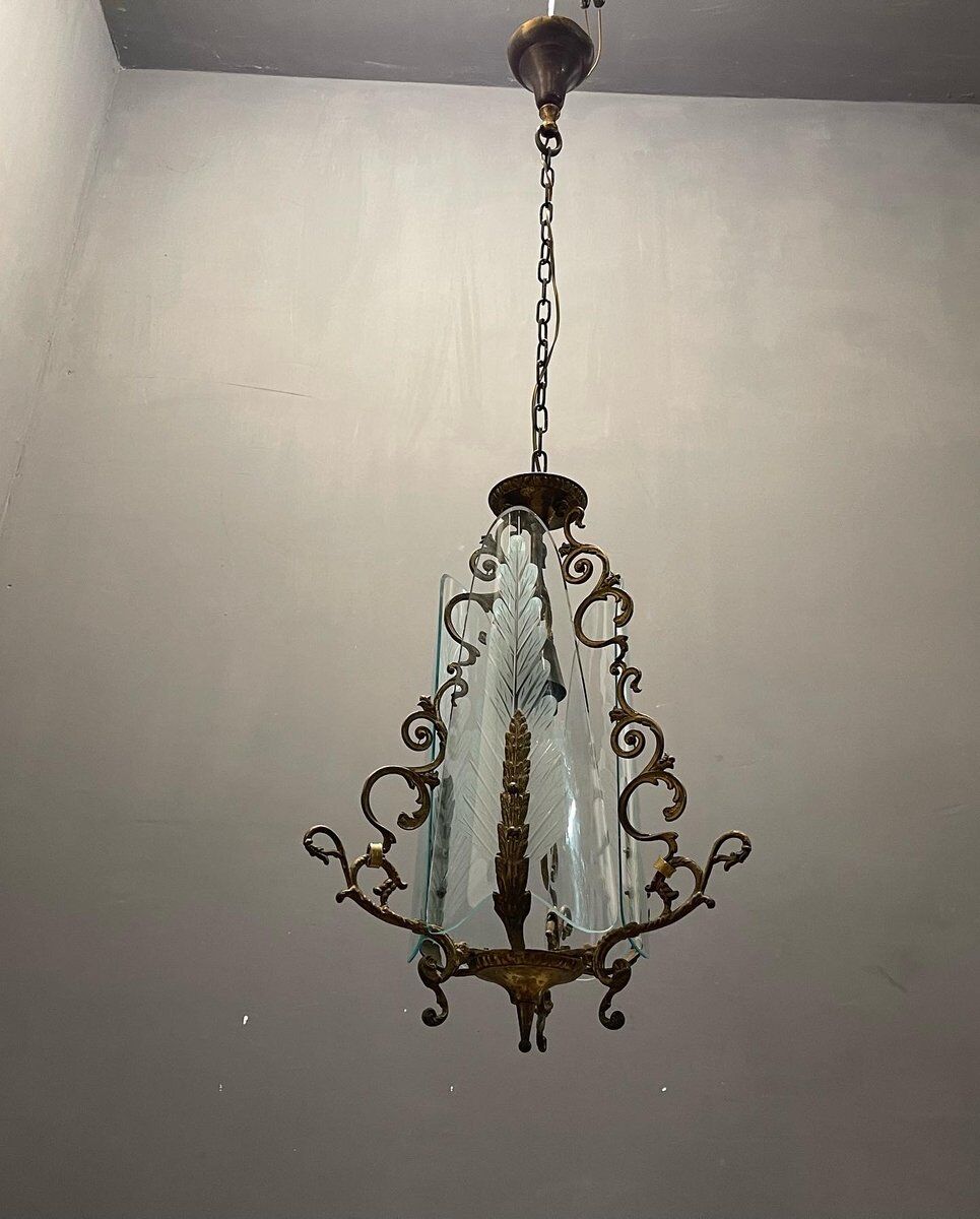 Italian art deco bronze and etched glass pendant lamp