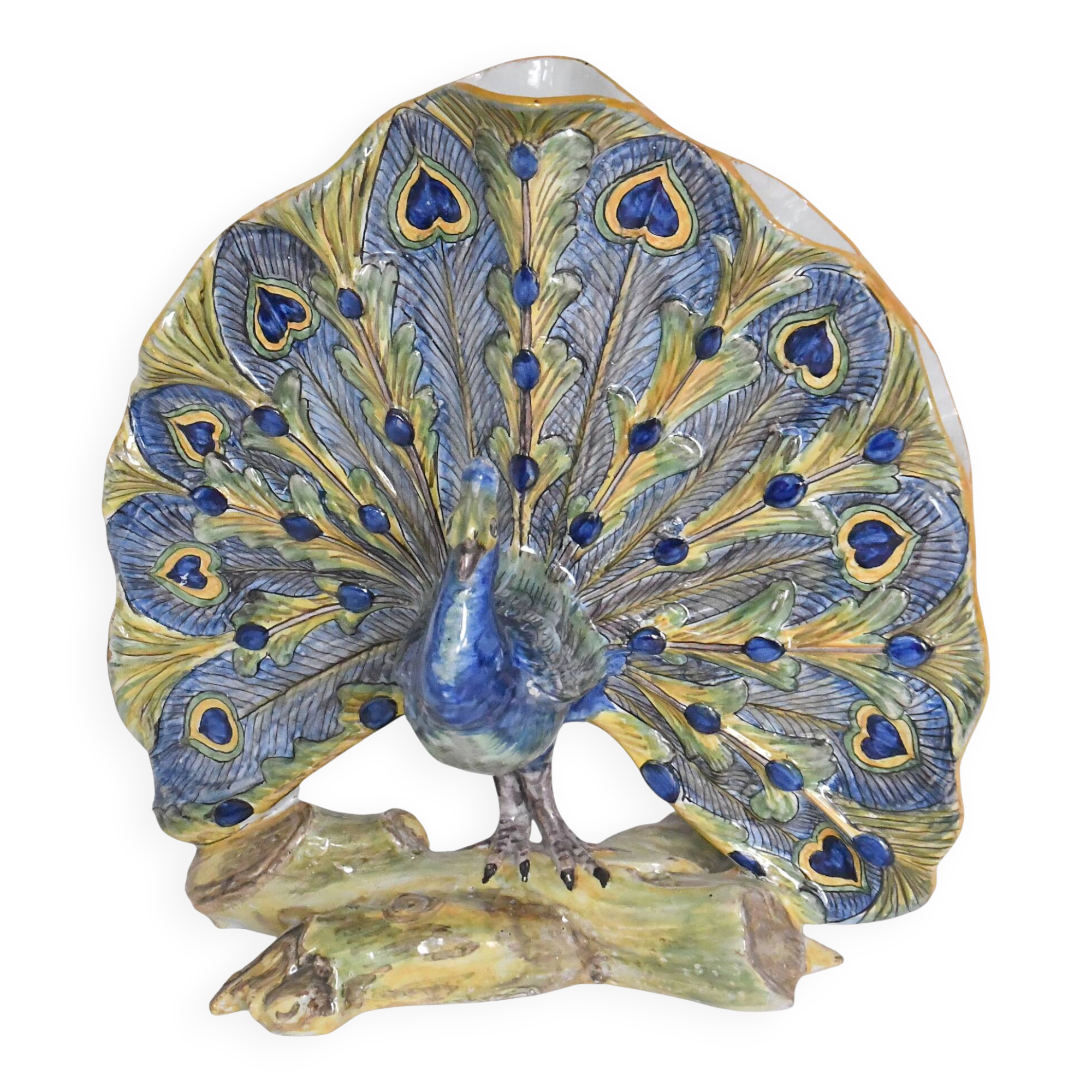 Faience bouquet holder from Desvres in the shape of a peacock.