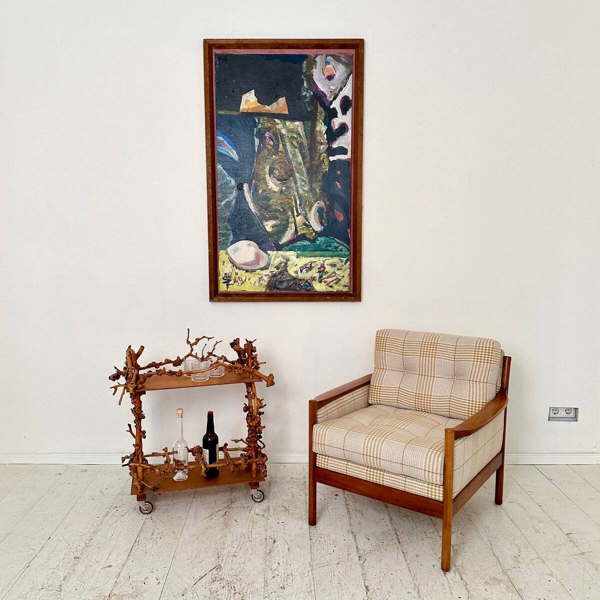 Mid-Century Bar Cart in Brown Burl, Plywood and Root Wood, 1960s
