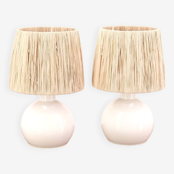 Pair of Belgian metal lamps, raffia lampshade