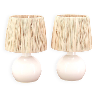 Pair of Belgian metal lamps, raffia lampshade