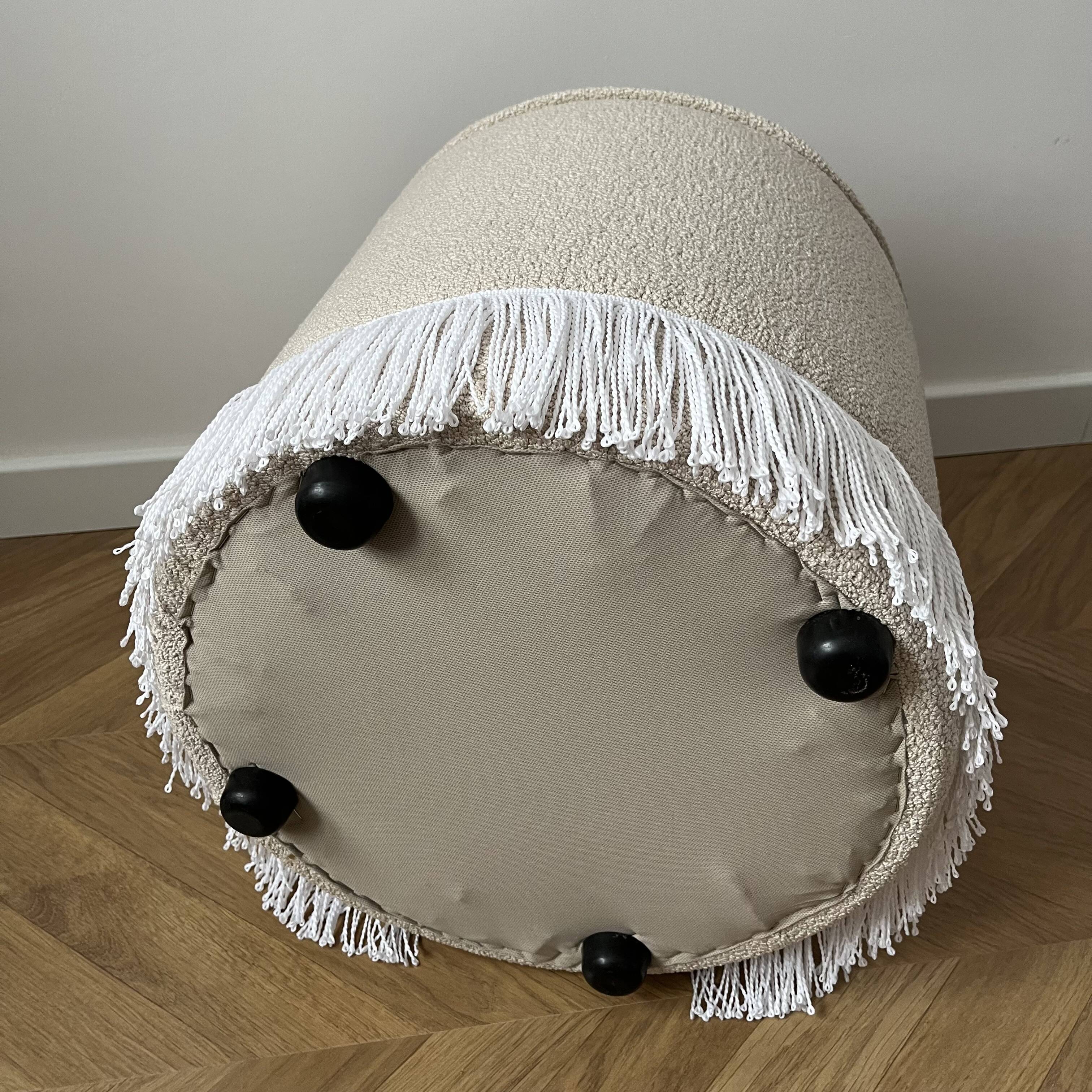 Round Ottoman with Fringe Bottom, Cream Boucle Upholstered Pouf