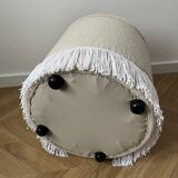 Round Ottoman with Fringe Bottom, Cream Boucle Upholstered Pouf
