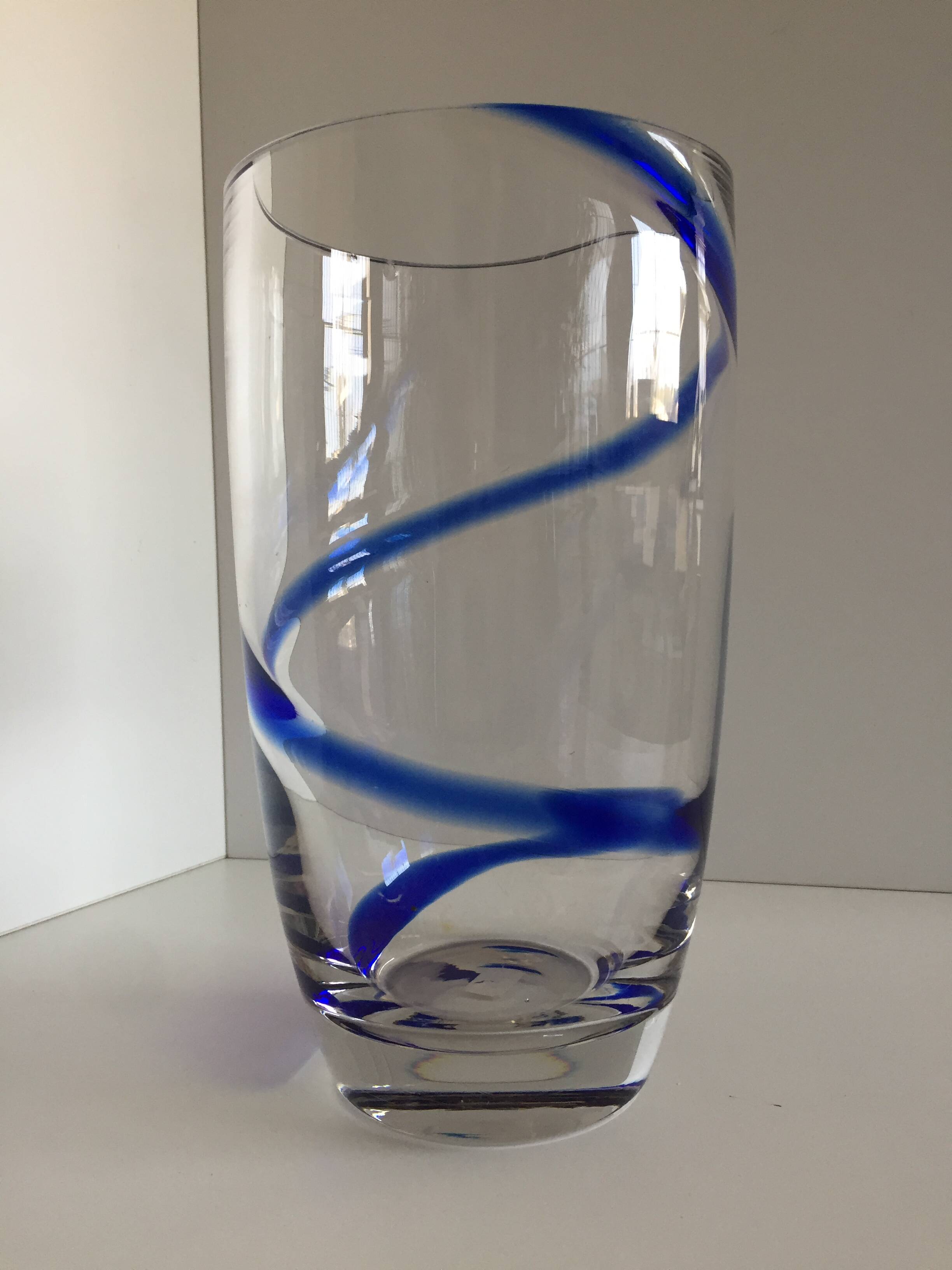 Large thick crystal glass vase modernist design cobalt edging
