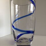 Large thick crystal glass vase modernist design cobalt edging