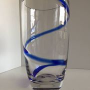 Large thick crystal glass vase modernist design cobalt edging